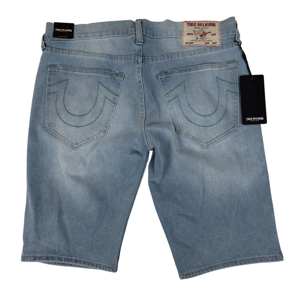 True Religion Rocco Relaxed Skinny Denim Shorts 32 Fit 34 Light Blue Suede Wash